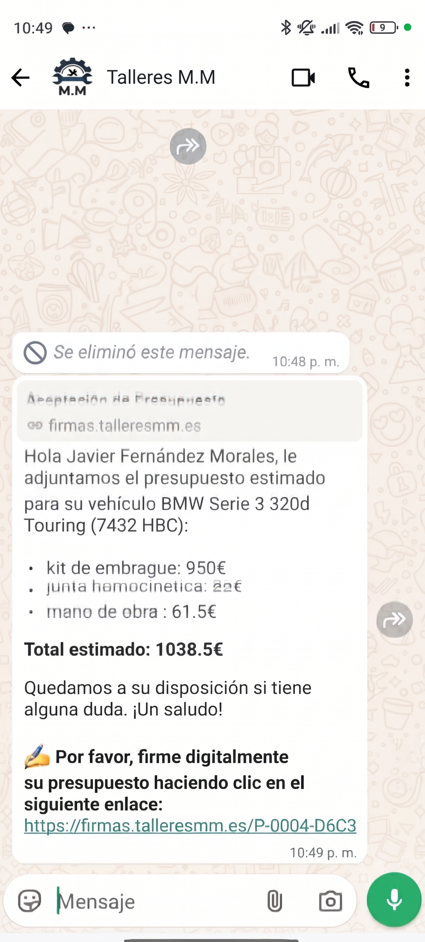 Mensaje de WhatsApp enviado al cliente para firmar